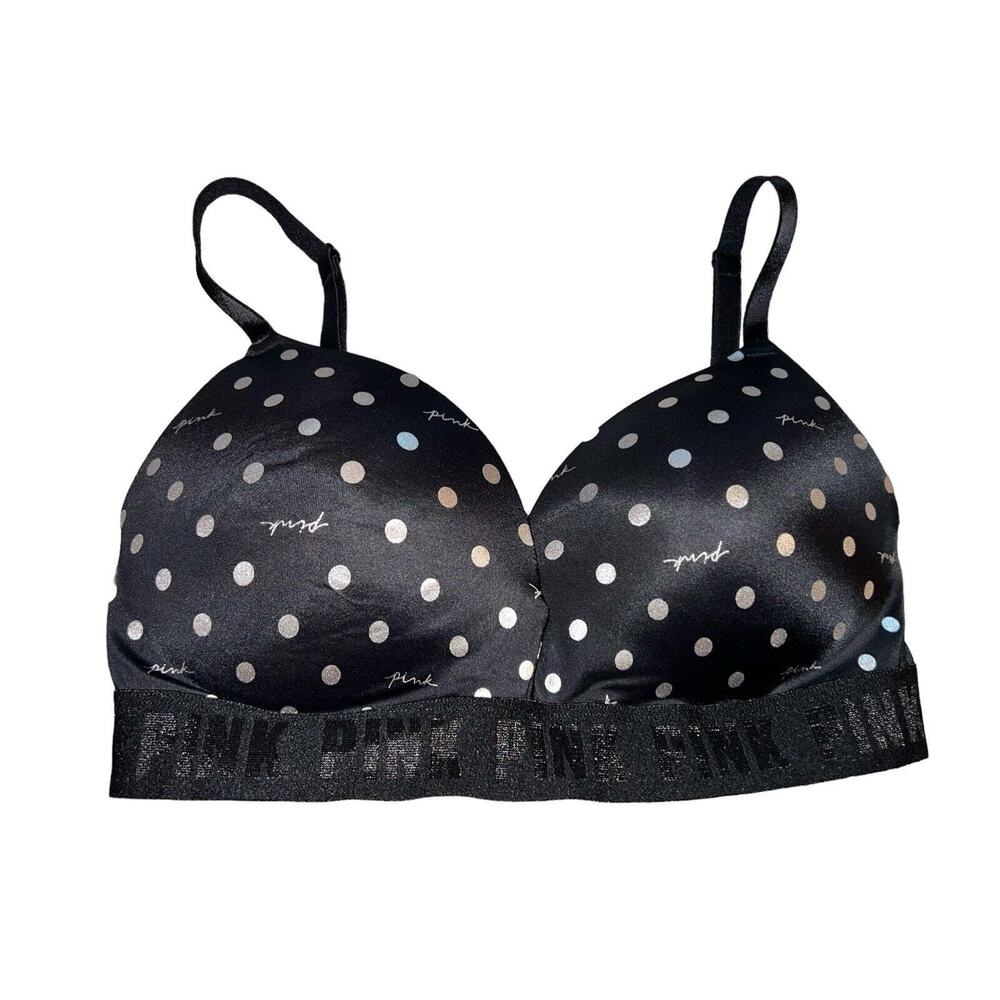 Victoria's Secret PINK‎ Bra Women's 34D Black White Polka Dots Wireless Push Up